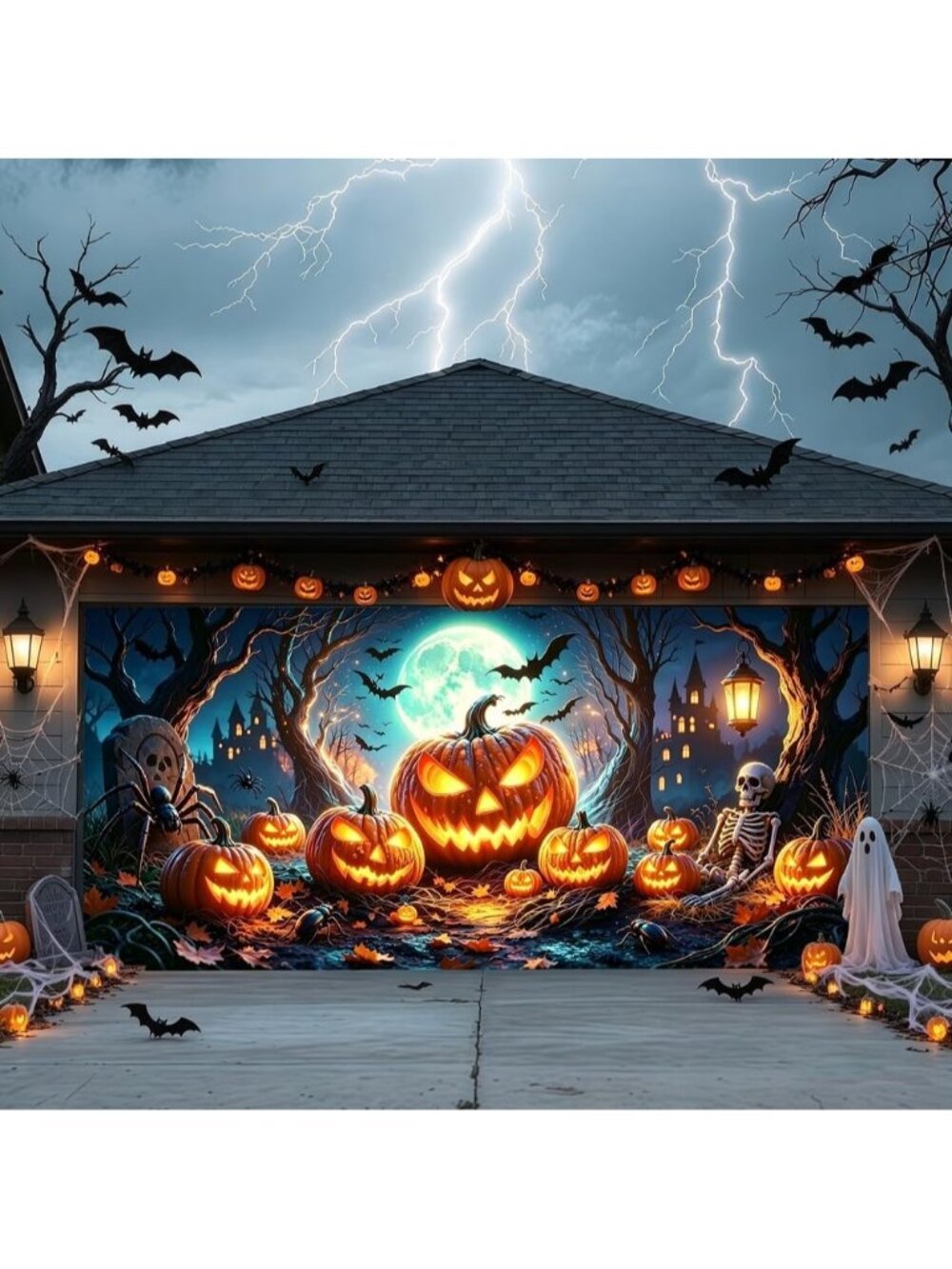 Halloween Garage Door Cover Banner 16 x 7FT Large Hanging Backdrop Hook and Loop